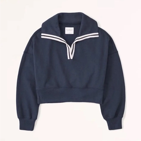 Abercrombie & Fitch Soft A&F Drama Collar Mock Neck Popover Sweater Blue White - Picture 1 of 8